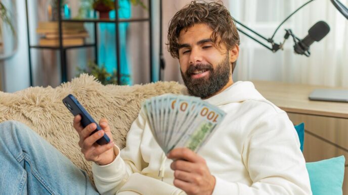 A young Indian man, holding a dollar bill and a smartphone, sits on a sofa and appears successful.