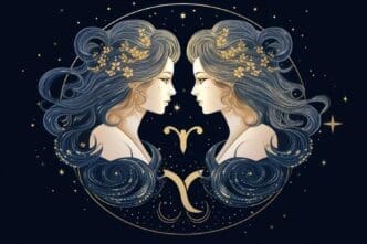 A stylized illustration depicts the Gemini zodiac symbol, often represented by two figures, symbolizing duality and creativity.