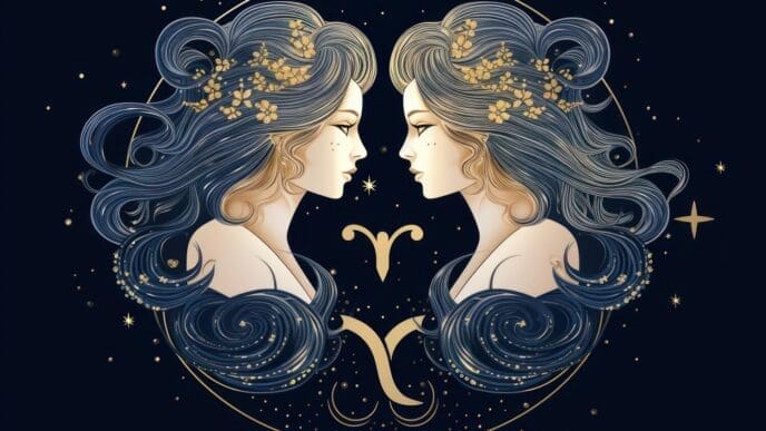 A stylized illustration depicts the Gemini zodiac symbol, often represented by two figures, symbolizing duality and creativity.