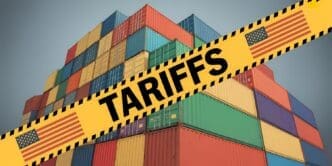 A graphic depicts a bar graph comparing the impact of tariffs on international trade, with negative effects shown in red and positive effects in green.