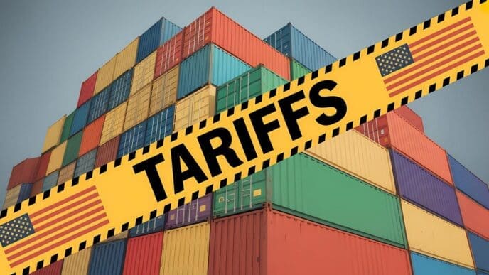 A graphic depicts a bar graph comparing the impact of tariffs on international trade, with negative effects shown in red and positive effects in green.