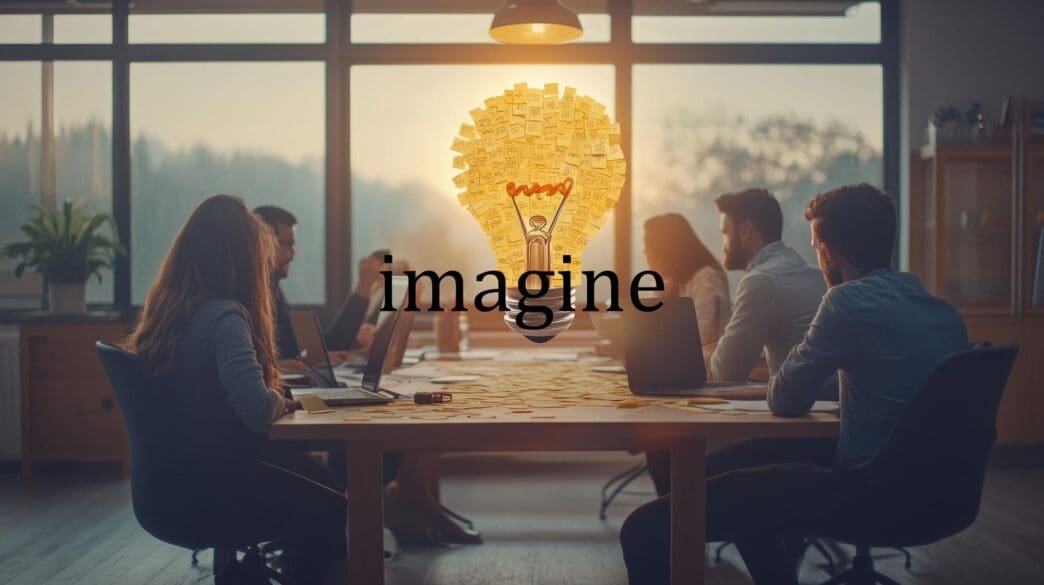 A team of people brainstorms ideas, writing on sticky notes to develop an innovative solution.