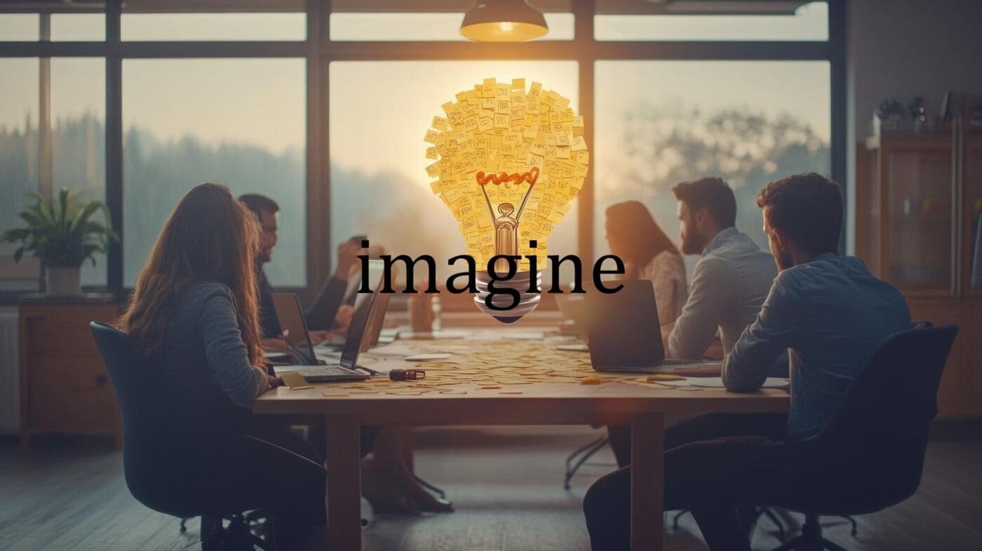 Team members brainstorm ideas around a table.