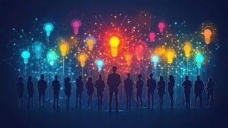 Team members brainstorming, with glowing light bulbs illuminating a network background, symbolizing business innovation.