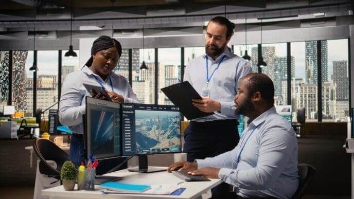 Engineers in an office collaborate while testing green energy production technology.