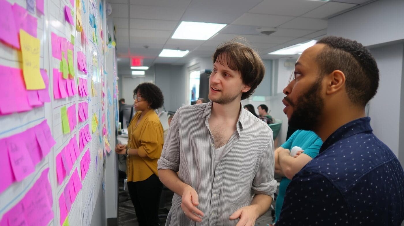 Team members brainstorm at a table in a modern office.