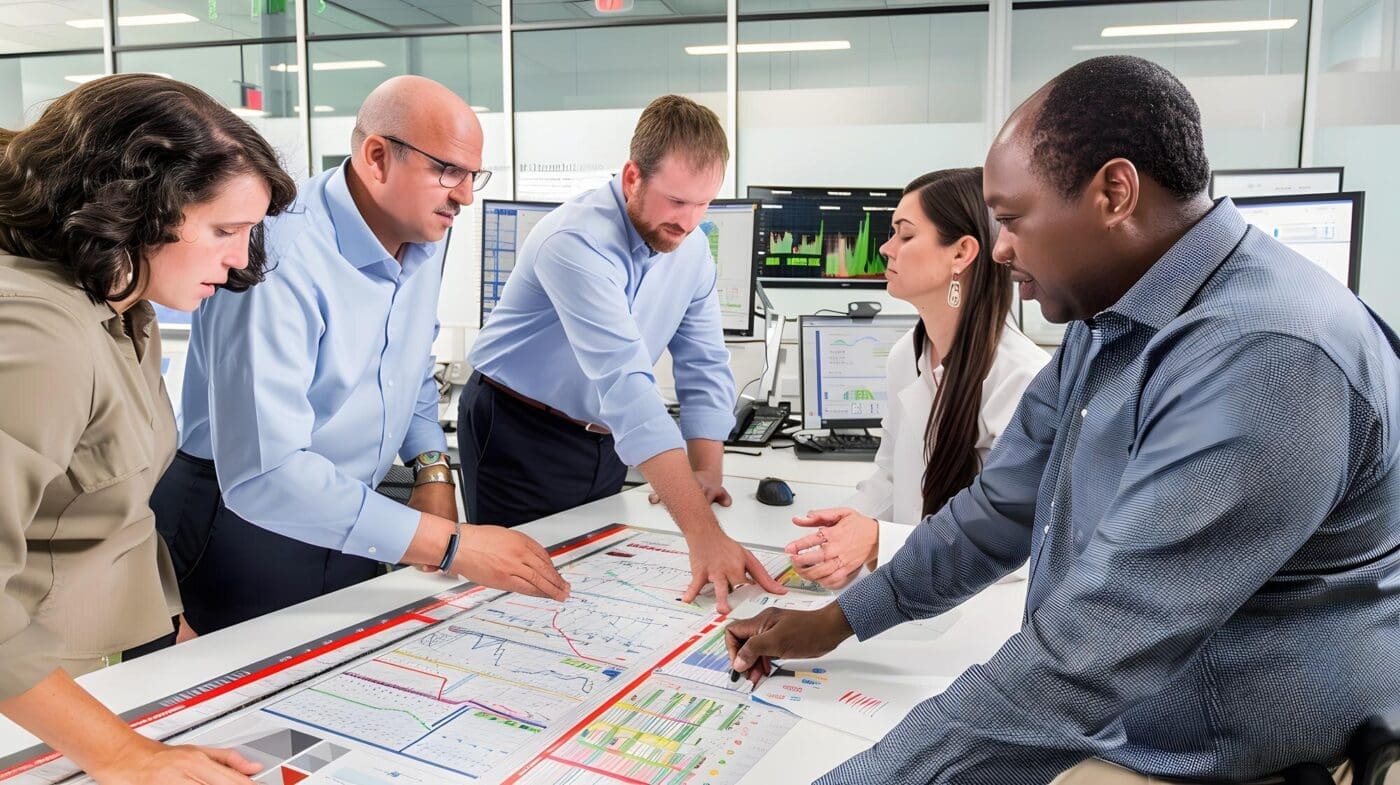 A diverse team of professionals collaborates around a table, likely working on a presentation.