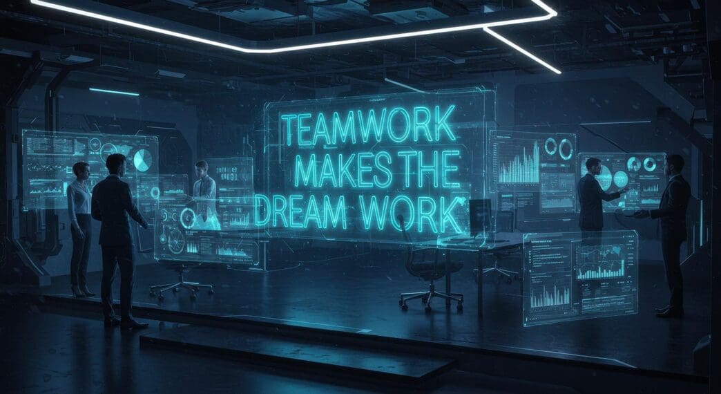 A team of diverse people collaborate, with hands touching, symbolizing teamwork and innovation.