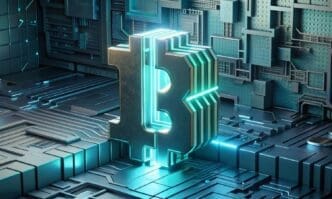 A visual representation depicts a technological network illustrating the concept of a cryptocurrency blockchain.
