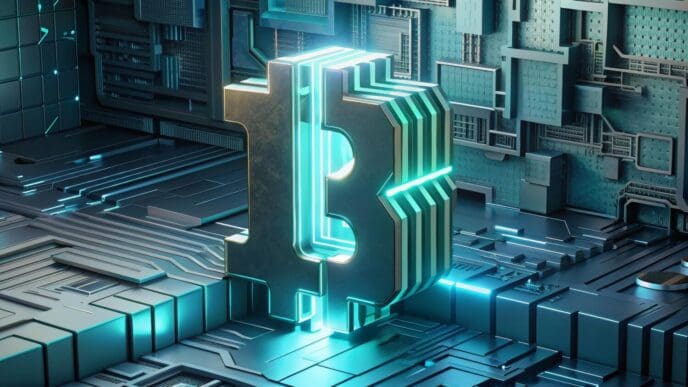 A visual representation depicts a technological network illustrating the concept of a cryptocurrency blockchain.
