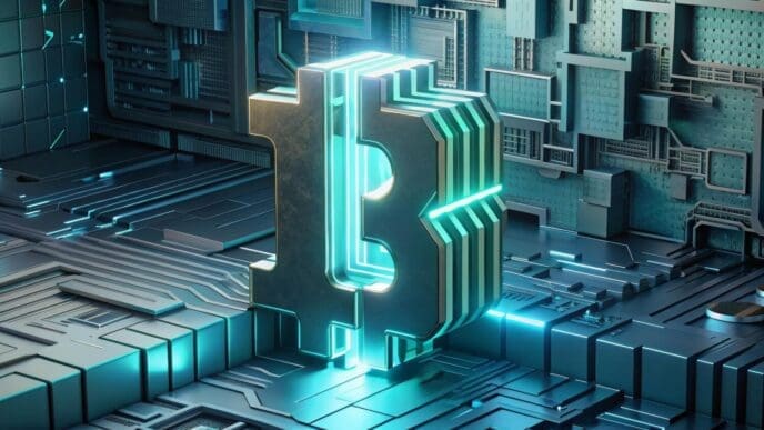 A visual representation depicts a technological network illustrating the concept of a cryptocurrency blockchain.