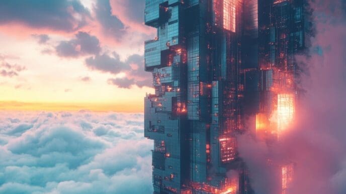 Timelapse of a futuristic cityscape with sleek, modern buildings and flying vehicles.