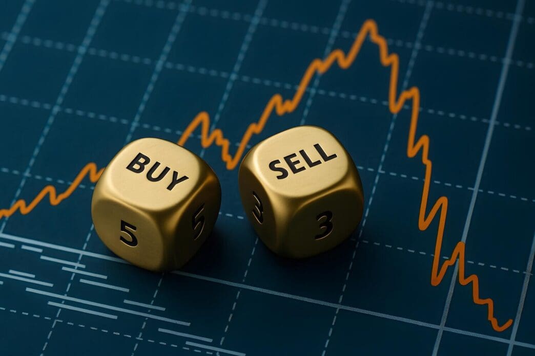 A stock chart shows dice labeled "Buy" and "Sell" replacing the typical trading indicators.