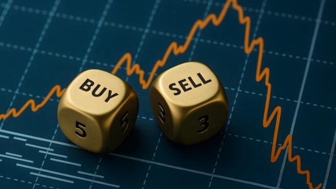 A stock chart shows dice labeled "Buy" and "Sell" replacing the typical trading indicators.