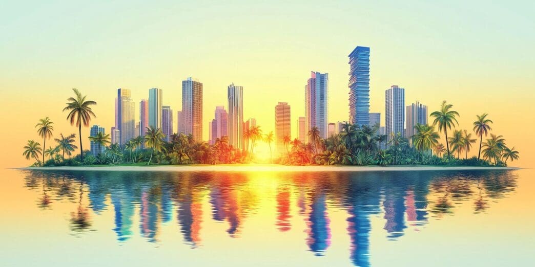 A vibrant cityscape on a tropical island is bathed in the warm hues of a setting sun.
