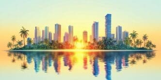 A vibrant cityscape on a tropical island is bathed in the warm hues of a setting sun.