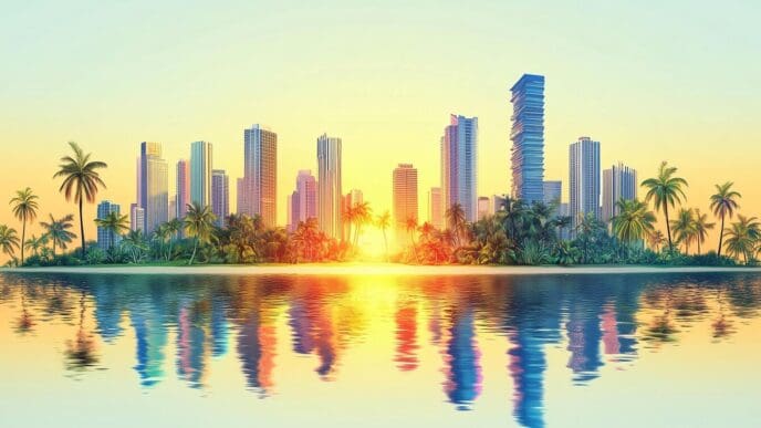 A vibrant cityscape on a tropical island is bathed in the warm hues of a setting sun.