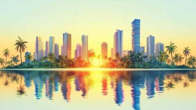 A vibrant cityscape on a tropical island is bathed in the warm hues of a setting sun.