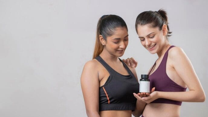 Two women in athletic wear examine a supplement bottle.