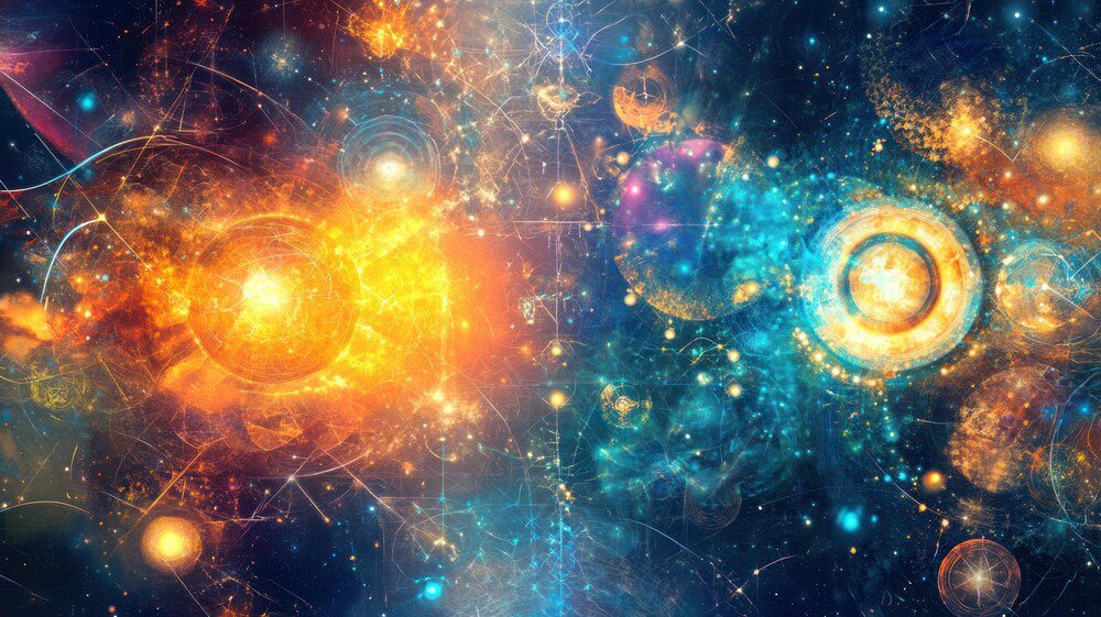 Abstract art piece showcasing swirling, colorful patterns suggesting cosmic energy in a dark space.