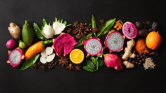 An overhead shot showcases a colorful arrangement of exotic fruits, herbs, and spices on a dark surface.