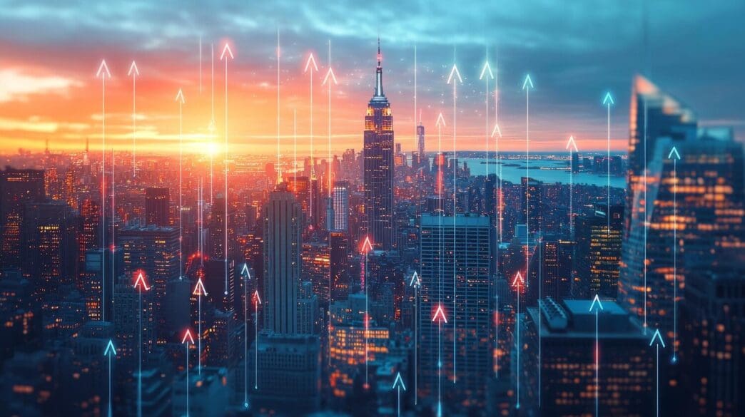 A sunset illuminates a cityscape of skyscrapers, with colorful arrows superimposed to represent growth and connectivity.