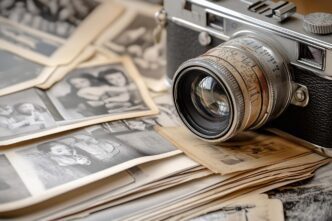 A vintage camera rests on a table next to a collection of old photographs.