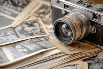 A vintage camera rests on a table next to a collection of old photographs.