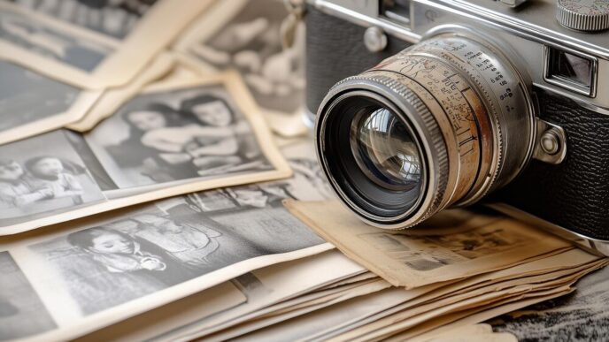 A vintage camera rests on a table next to a collection of old photographs.