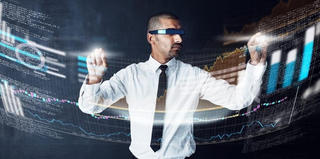 A businessperson interacts with a virtual reality hologram displaying financial data and risk assessments.