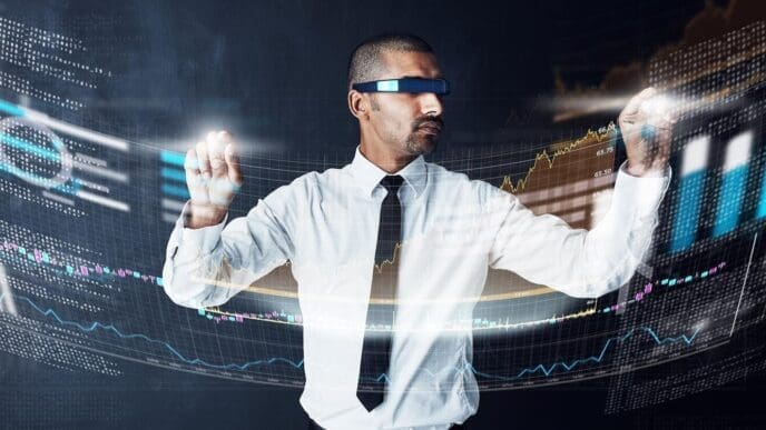 A businessperson interacts with a virtual reality hologram displaying financial data and risk assessments.