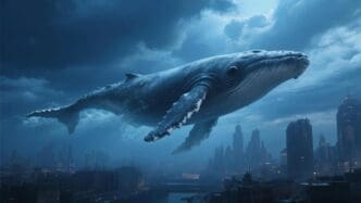 A large whale soars above a futuristic cityscape under a dramatic, colorful sky.