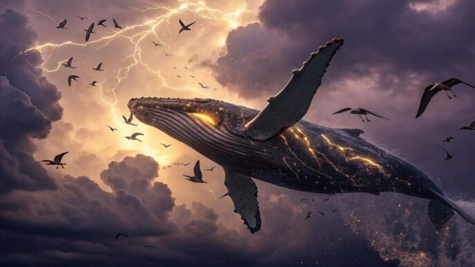 A whale surfs a large ocean wave under a swirling sky filled with stars and celestial bodies.