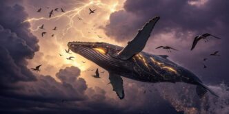 A whale surfs a large ocean wave during a storm, with a celestial backdrop.