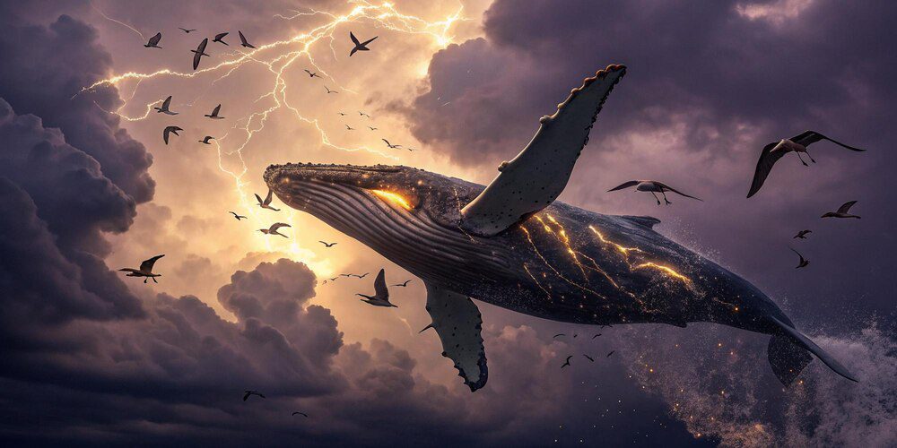 A whale surfs a large ocean wave during a storm, with a celestial backdrop.