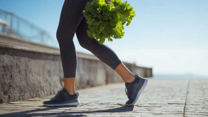A woman jogs outdoors, holding fresh lettuce, representing a healthy lifestyle and fitness.
