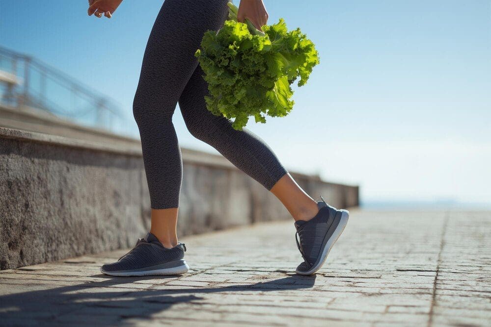 A woman jogs outdoors, holding fresh lettuce, representing a healthy lifestyle and fitness.