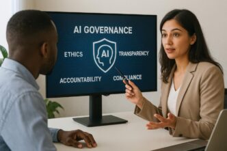 Woman presenting artificial intelligence governance on a screen to colleagues in an office setting.