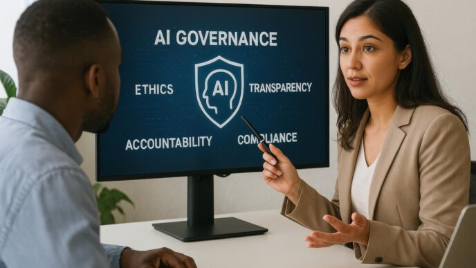 Woman presenting artificial intelligence governance on a screen to colleagues in an office setting.