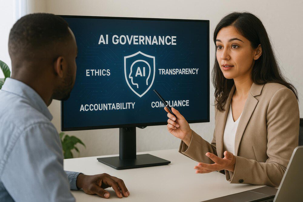 Woman presenting artificial intelligence governance on a screen to colleagues in an office setting.