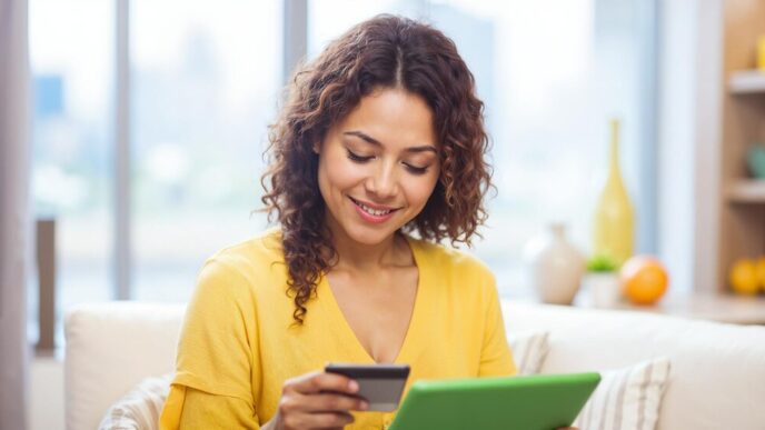 A woman uses a tablet and credit card to shop online.
