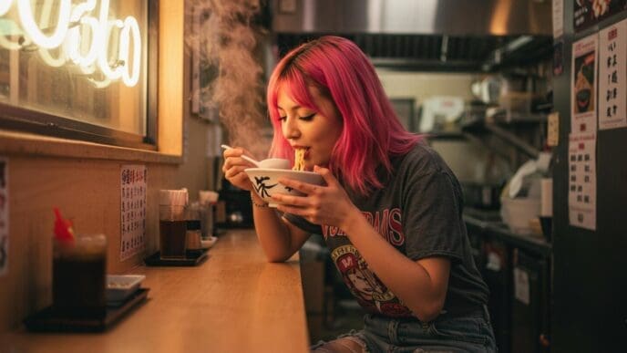 A woman with pink hair smiles as she eats ramen in a restaurant.