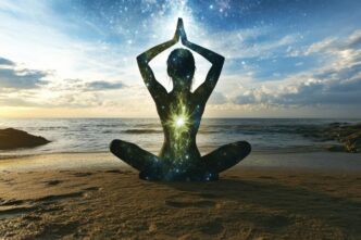 A woman in a yoga asana pose is silhouetted against a starry sky and sea background, representing calm and meditation.