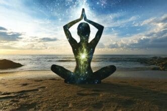 A woman in a yoga asana pose is silhouetted against a starry sky and sea background, representing calm and meditation.