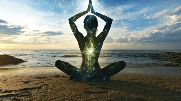 A woman in a yoga asana pose is silhouetted against a starry sky and sea background, representing calm and meditation.