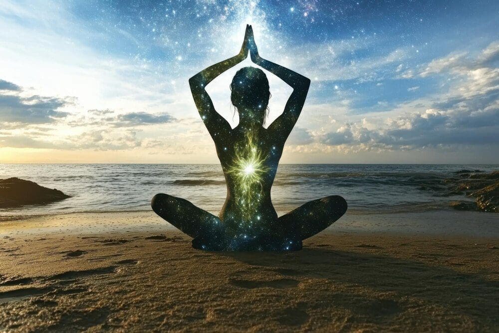 A woman in a yoga asana pose is silhouetted against a starry sky and sea background, representing calm and meditation.