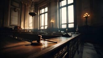 Wooden gavel on a judge's bench in an empty courtroom.