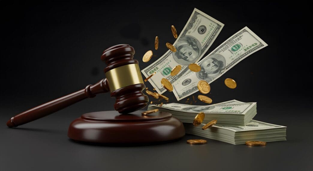 A wooden hammer rests on a pile of coins, representing financial and legal concepts.