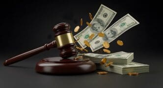 A wooden hammer rests on a pile of coins, representing financial and legal concepts.