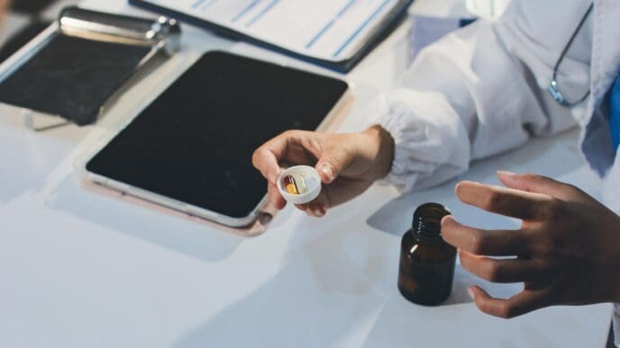 A young brunette woman sits at a doctor's desk during a consultation.